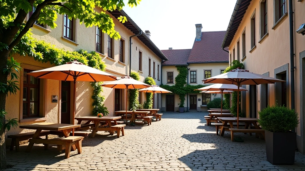 Lounské pivovarské dvory s terásami a tradičními budovami, přátelské prostředí pro seniory