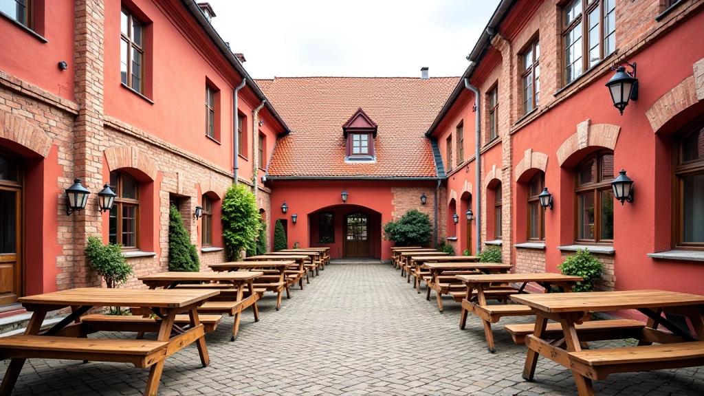 Cihlový areál historického pivovarského dvora s otevřeným nádvořím a lavičkami, typická česká architektura