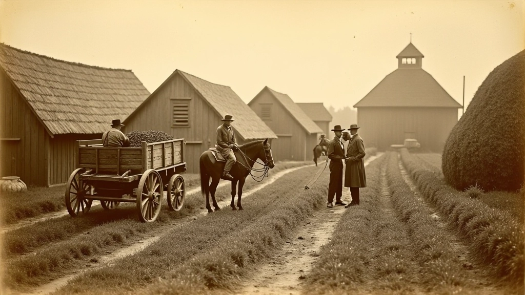 Historické fotografie z období průmyslové revoluce — chmelnice s pracovníky a sklízecí stroji